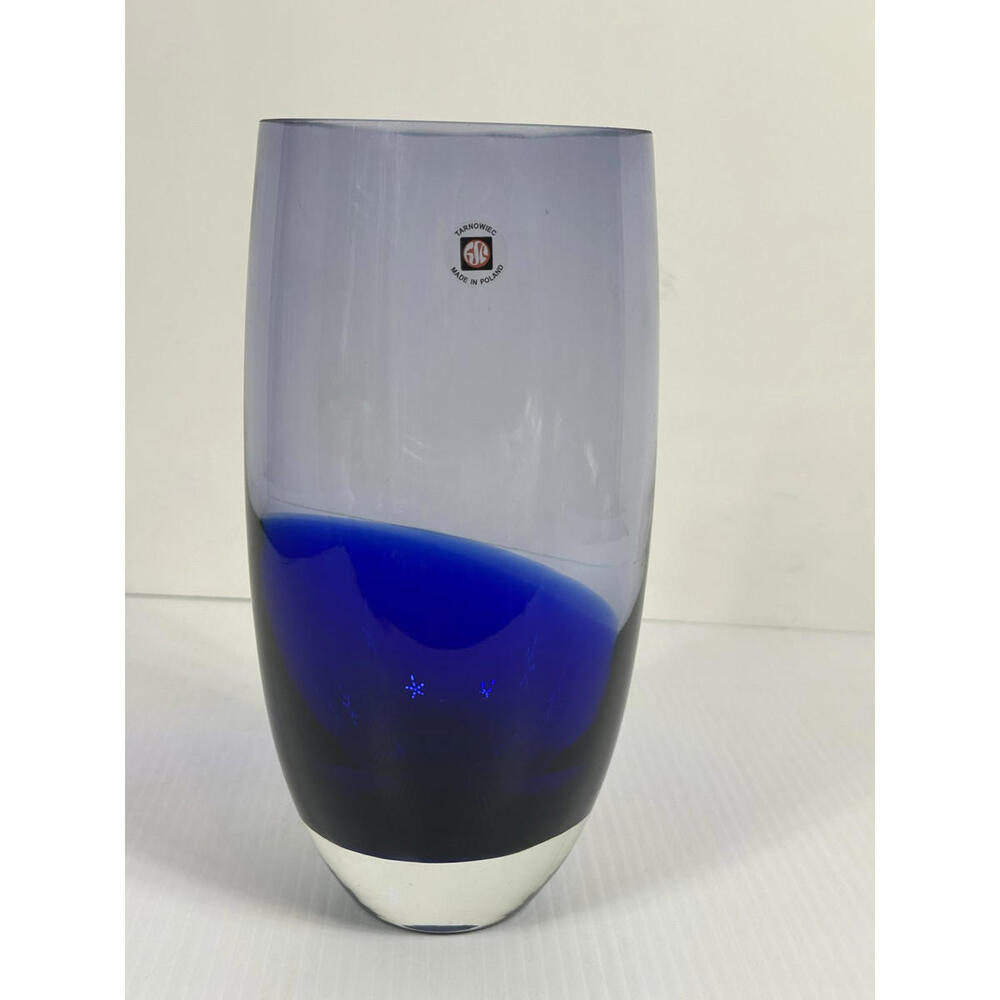 TARNOWIEC Poland Hand Made Dark Blue To Light Blue Vase Original Sticker 10”